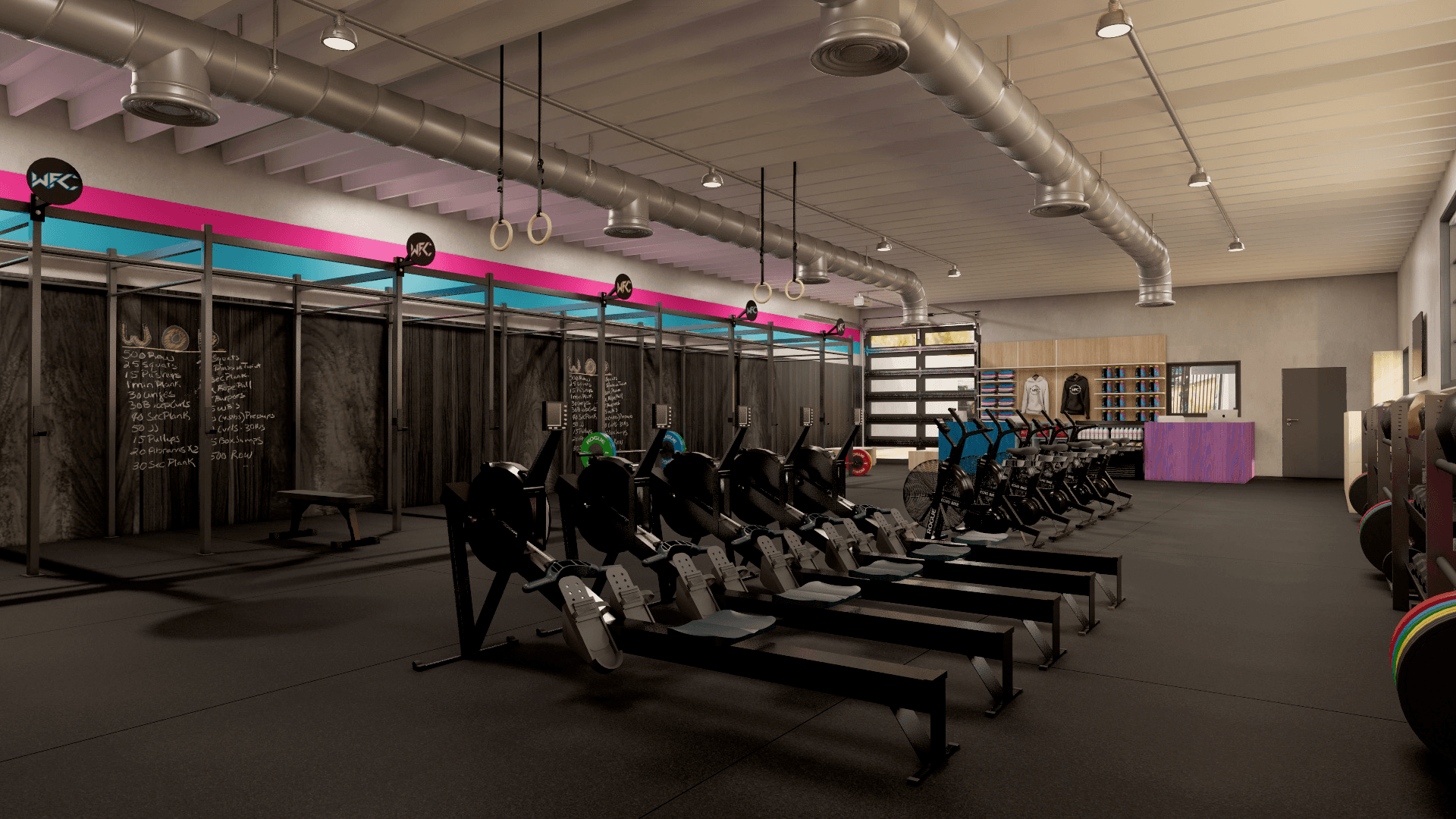 Row of rowing machines and ski ergs used for HYROX station training at Wynwood Fitness Club
